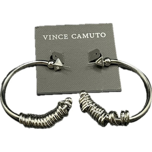 Vince Camuto Rhodium Plated Metal Rings Detail Ball Cap End Open Hoop Earrings - Picture 2 of 4